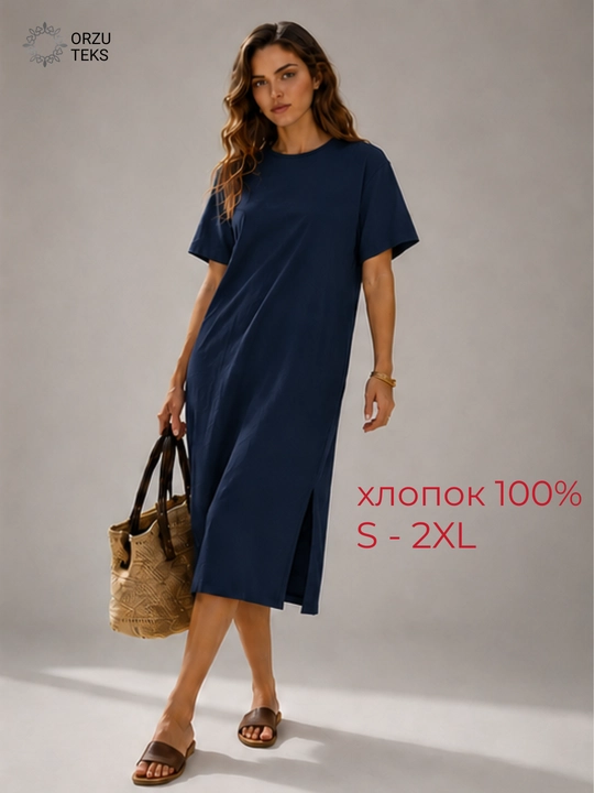 Ayollar ko‘ylagi, kundalik, uzun, midi, keng, 100% paxta, ORZU-TEKS - 