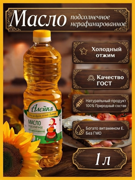 Натуральное нерафинированное подсолнечное масло "Алейка", без добавок, холодного отжима 1л - 