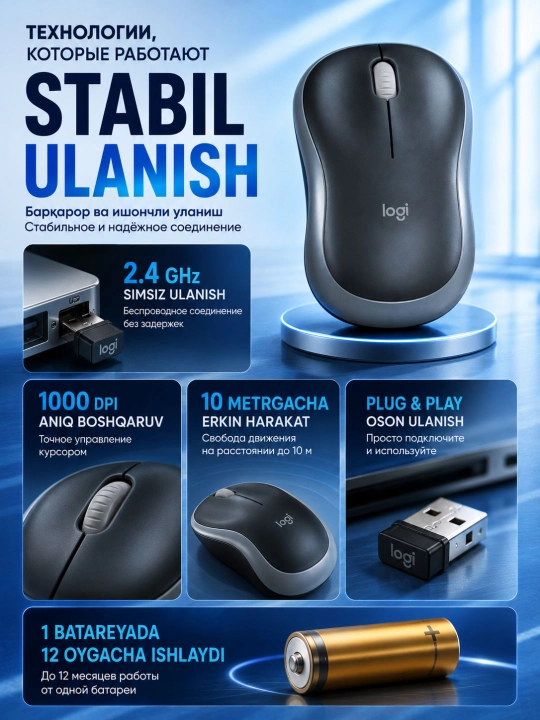 Беспроводная мышка Logitech M185, 1000 DPI, 2.4 ГГц, до 10 м