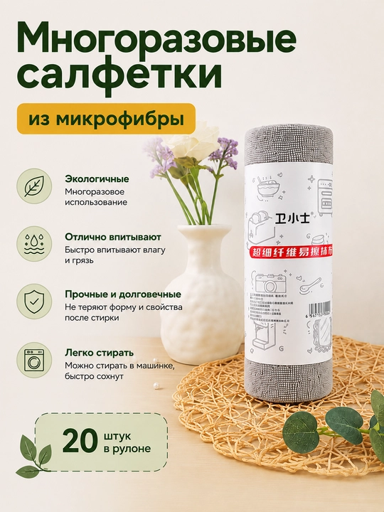 Салфетки многоразовые универсальные рулонные из микрофибры для уборки, кухни - 
