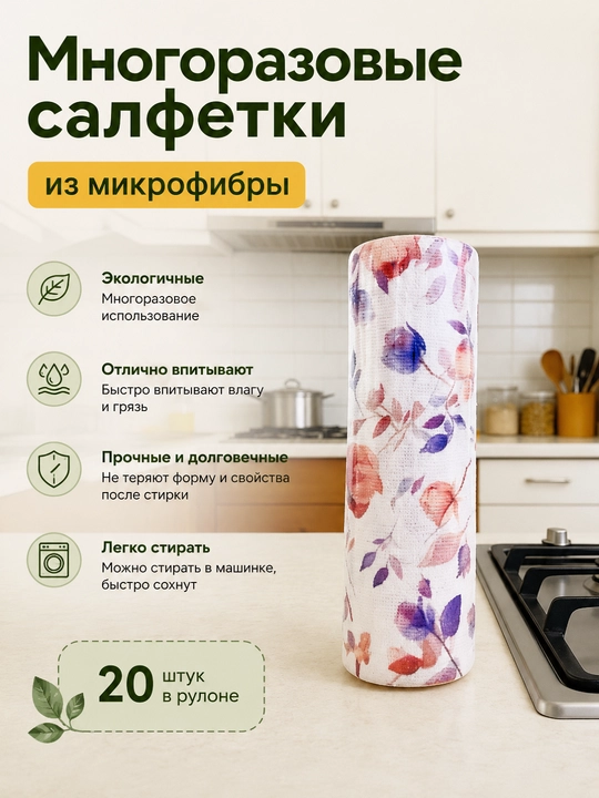 Салфетки многоразовые универсальные рулонные из микрофибры для уборки, кухни - 