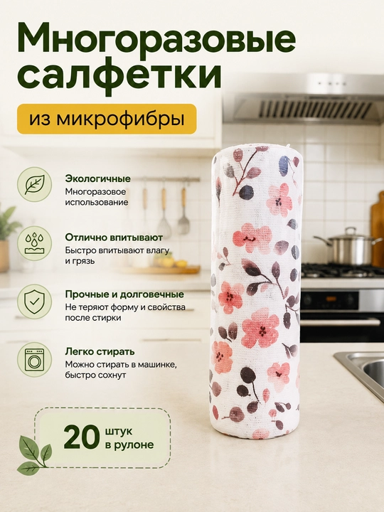 Салфетки многоразовые универсальные рулонные из микрофибры для уборки, кухни - 