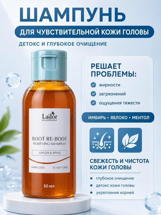 Шампунь для чувствительной кожи головы Lador Root Re-Boot Purifying Shampoo Ginger & Apple - 
