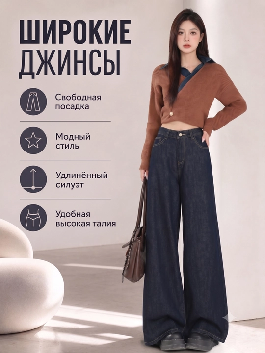 Yuqori belli to'q ko'k rangli keng jinsi shimlar - 