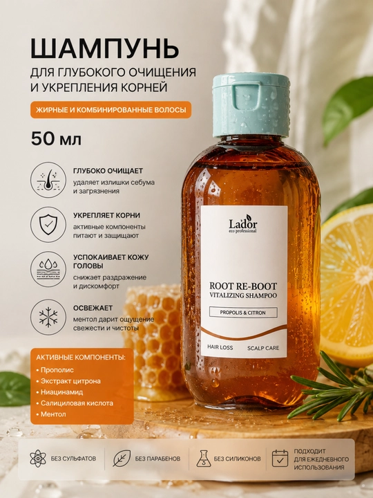 Шампунь для сухой кожи головы Lador Root Re-Boot Vitalizing Shampoo Propolis & Citron - 