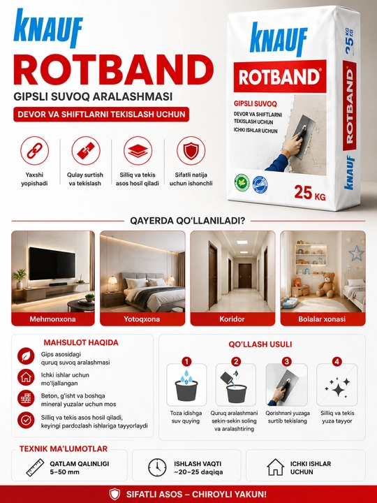 Rotband gipsli suvoq, devor va shiftlar uchun, ichki ta’mirlash ishlari uchun, sifatli - 