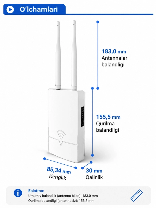 Tashqi 4G LTE Wi-Fi CPE router SIM karta bilan, IP65 suv va chang himoyasi, kamera uchun