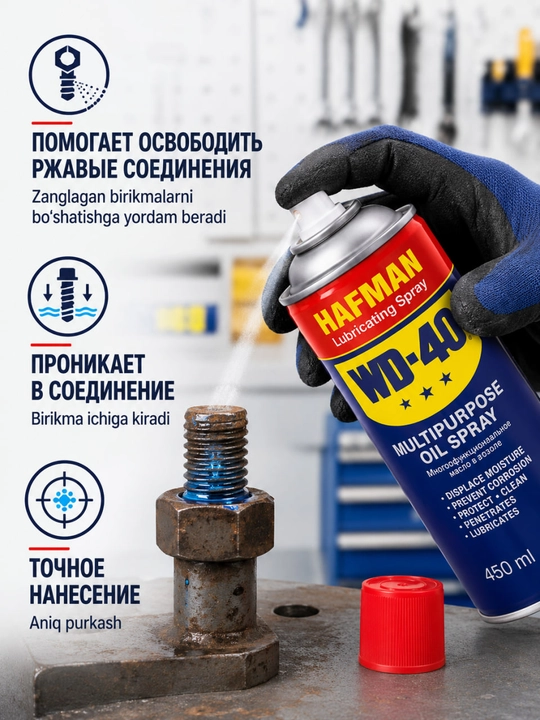 Moylovchi universal singuvchi Hafman, suyuq kalit WD-40, 450 ml