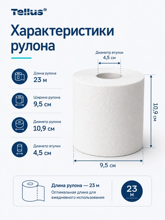 Туалетная бумага Tellus Premium 12 03 20, 8 рулонов, 2 слоя, 23 м, 100% целлюлоза