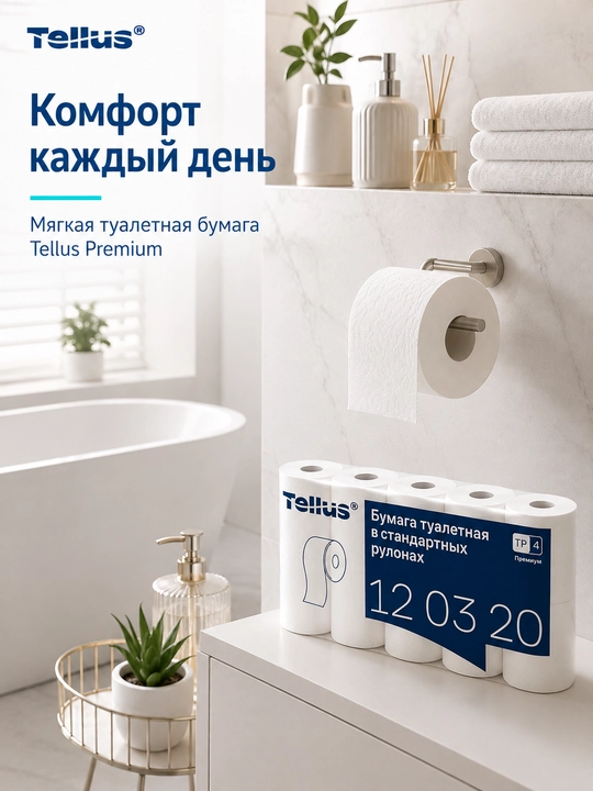 Туалетная бумага Tellus Premium 12 03 20, 8 рулонов, 2 слоя, 23 м, 100% целлюлоза