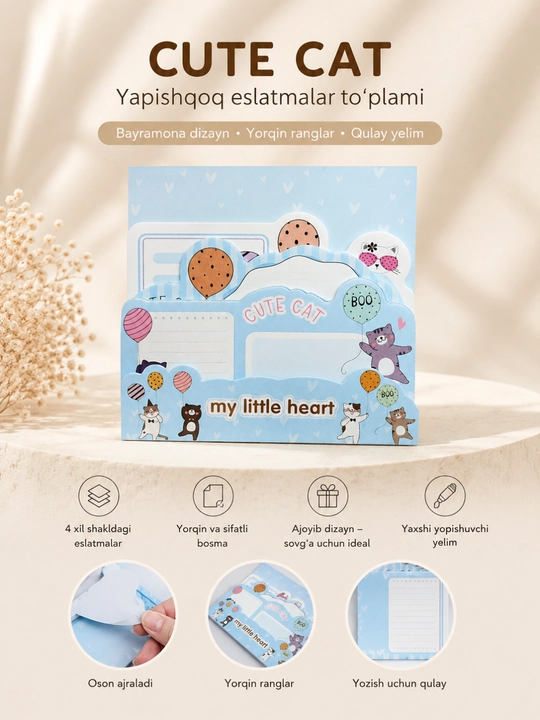 Yopishqoq eslatma qog‘ozlari, pushti mushukcha dizaynli, dekorativ bloknot - 