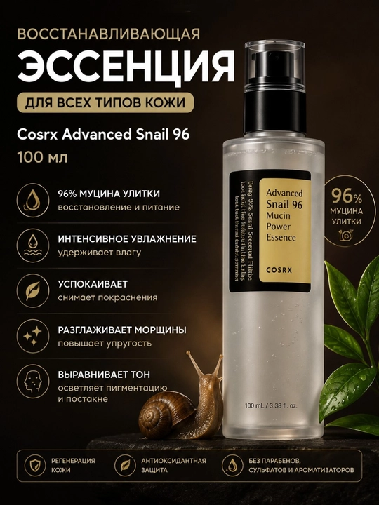 Эссенция восстанавливающая, для всех типов кожи, Cosrx Advanced Snail 96, 100 мл - 