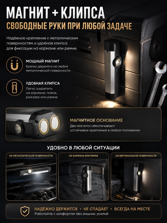 Фонарь, ручной фонарик с зарядкой, магнитный