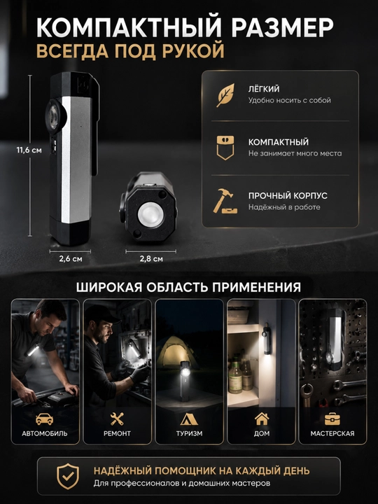 Фонарь, ручной фонарик с зарядкой, магнитный