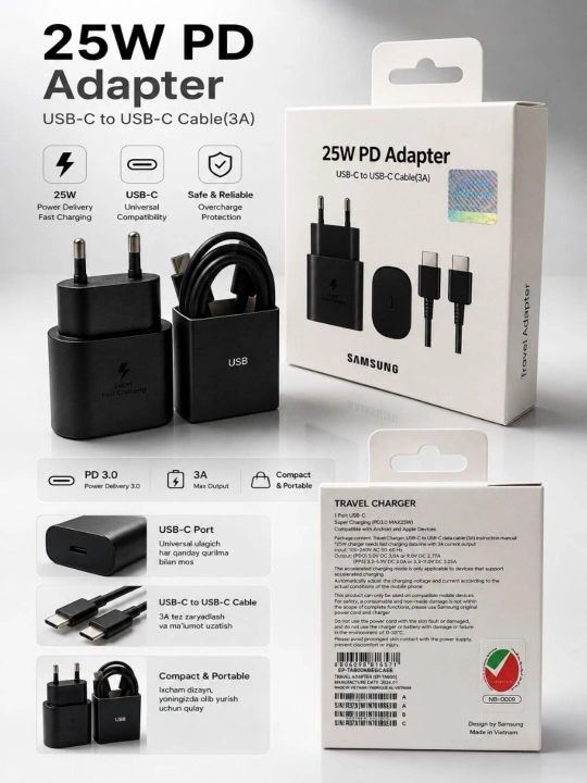 Зарядное устройство Samsung USB-C 25W/45W/50W/65W, быстрая зарядка, гарантия 6 месяцев