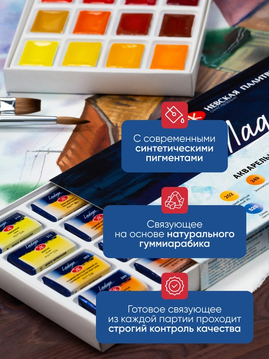 Акварельные краски для рисования Ладога, набор художественной акварели, 24 цвета в кюветах