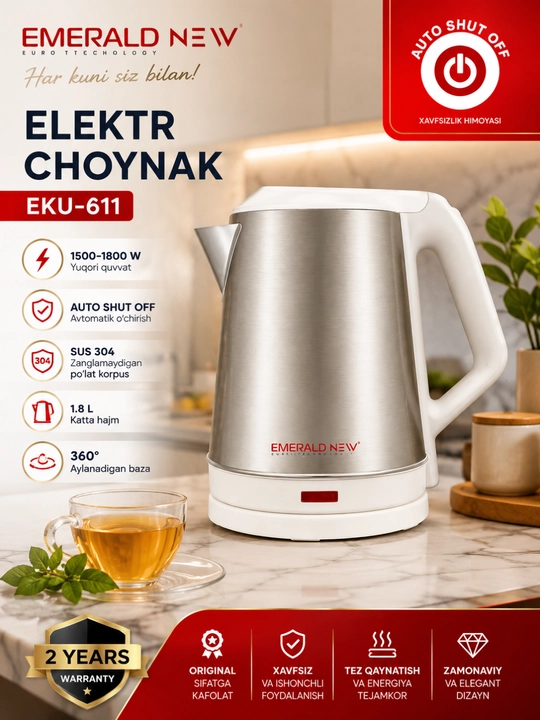 EMERALD NEW elektr choynak,2200Vt, 1,7l, zanglamaydigan po‘lat, avtomatik o‘chirish - 