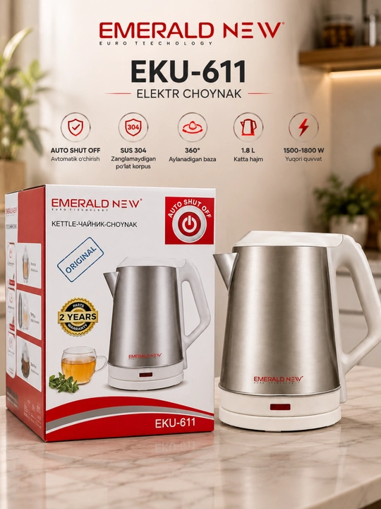 EMERALD NEW elektr choynak,2200Vt, 1,7l, zanglamaydigan po‘lat, avtomatik o‘chirish