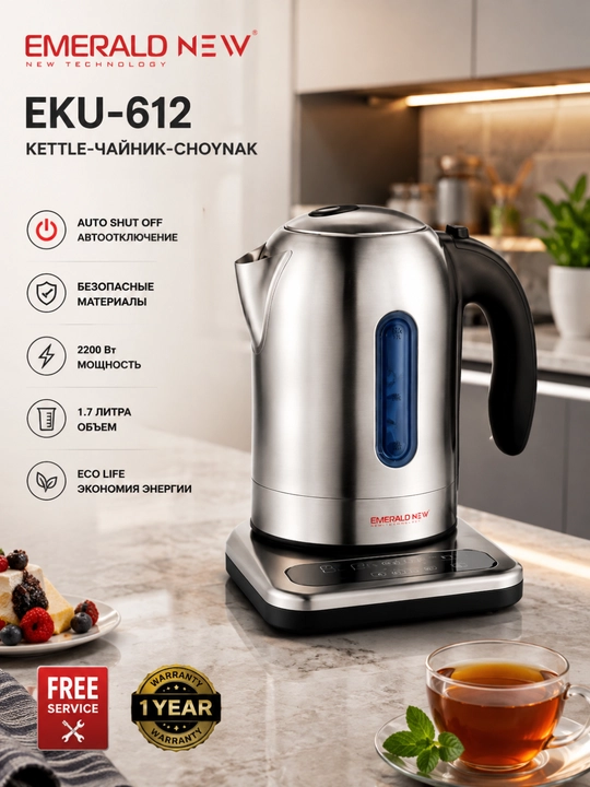 EMERALD NEW elektr choynak,2200Vt, 1,7l, zanglamaydigan po‘lat, avtomatik o‘chirish - 