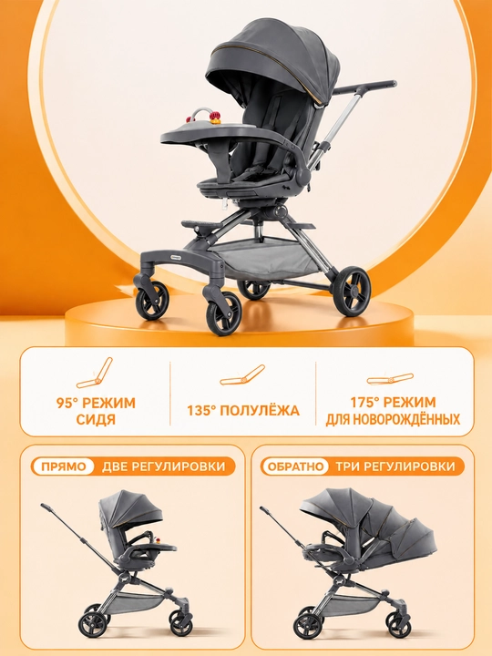 Дрон детская коляска, сиденье 360°, спинка 175°, складывается одной кнопкой, музыка