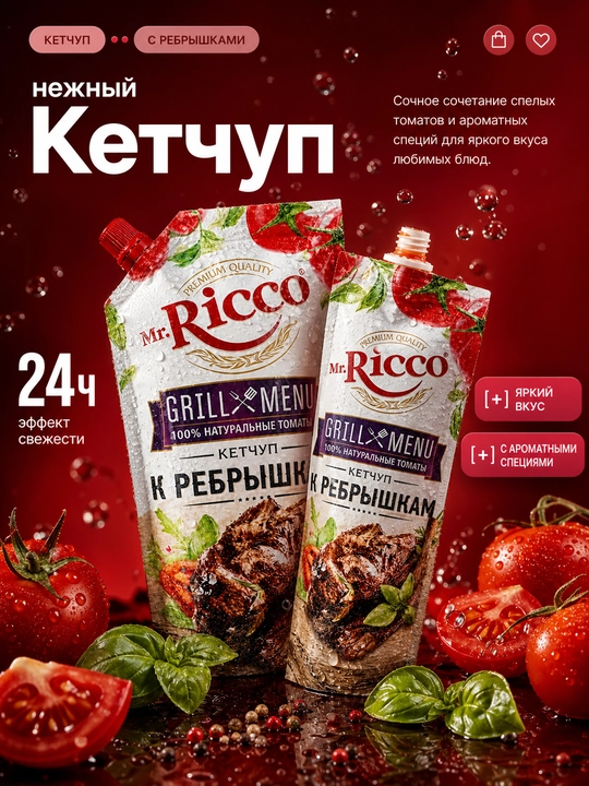 Mr.Ricco ketchupi 300 g, pomidorli sous, tabiiy pomidor, go‘sht va gril, 8 xil ta'm