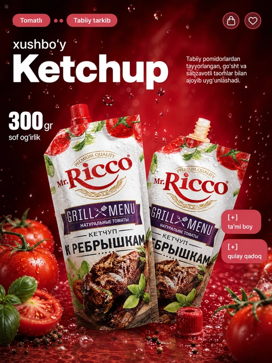 Mr.Ricco ketchupi 300 g, pomidorli sous, tabiiy pomidor, go‘sht va gril, 8 xil ta'm