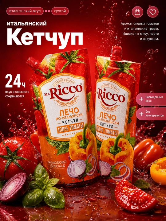 Mr.Ricco ketchupi 300 g, pomidorli sous, tabiiy pomidor, go‘sht va gril, 8 xil ta'm