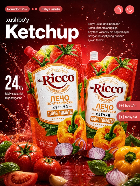 Mr.Ricco ketchupi 300 g, pomidorli sous, tabiiy pomidor, go‘sht va gril, 8 xil ta'm
