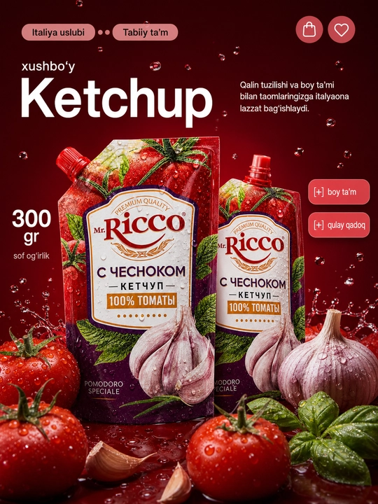 Mr.Ricco ketchupi 300 g, pomidorli sous, tabiiy pomidor, go‘sht va gril, 8 xil ta'm