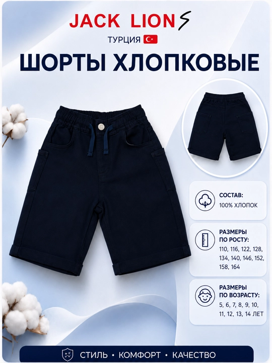 Хлопковые шорты для мальчика, 100% хлопок, Турция, Jacklions, 110-164 см, 5-14 лет - 