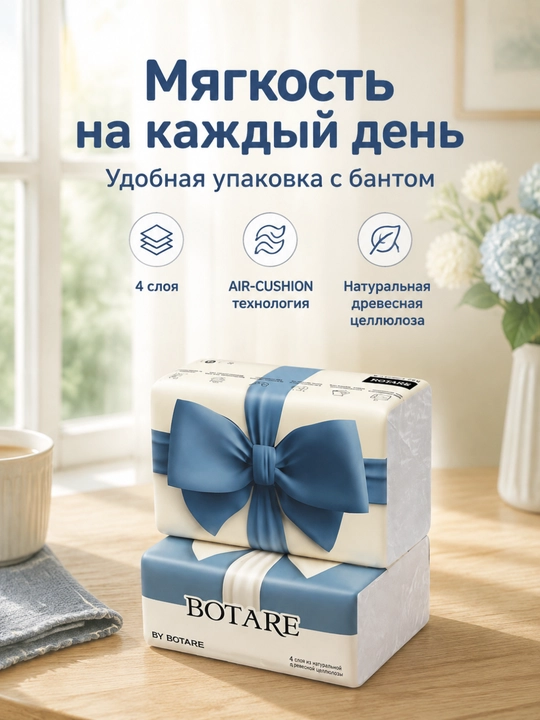 Бумаж. салф. BOTARE, возд. подуш., 140×175 мм, 4 сл., 100 л./пак., 3 пак./уп - 