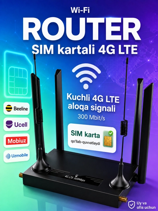SIM kartali 4G LTE Wi-Fi router, CPE modem 300 Mbit/s, tashqi antennali - 