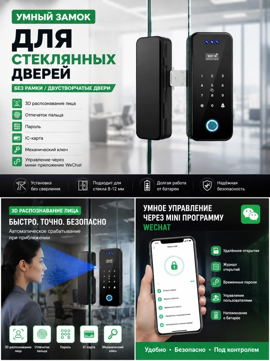 Умный замок для стеклянных дверей, Face ID, отпечаток пальца, пароль, IC-карта