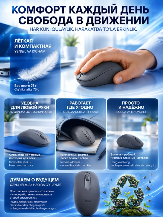 Мышка беспроводная Logitech M196, Bluetooth, 1000 DPI, 3 кнопки