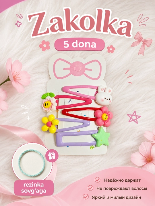 Zakolka soch uchun 5 dona, soch uchun qisqich, rangli