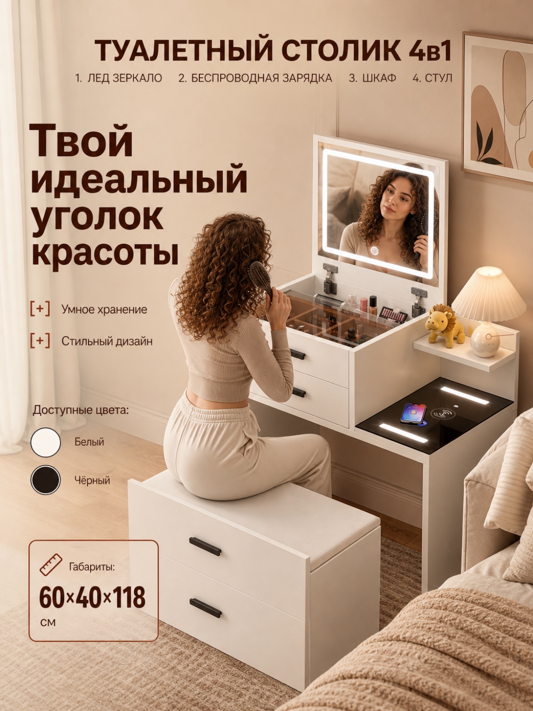 Умный шкаф, USB-порт для зарядки телефона, зеркальный шкаф для комнаты с выдвижными ящикам - 