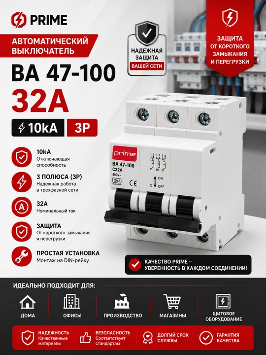 PRIME VA 47-100 * 10kA 3P 32A avtomatik o‘chirgichi - 