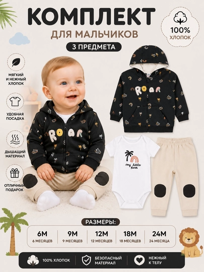 Bolalar uchun 3 ta 1 da to'plam (bodi, shim va xudi) 100% paxta - 