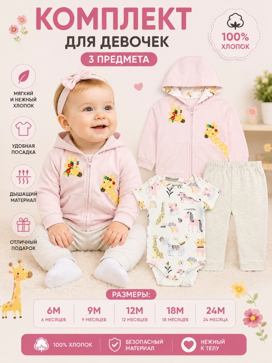 Bolalar uchun 3 ta 1 da to'plam (bodi, shim va xudi) 100% paxta - 