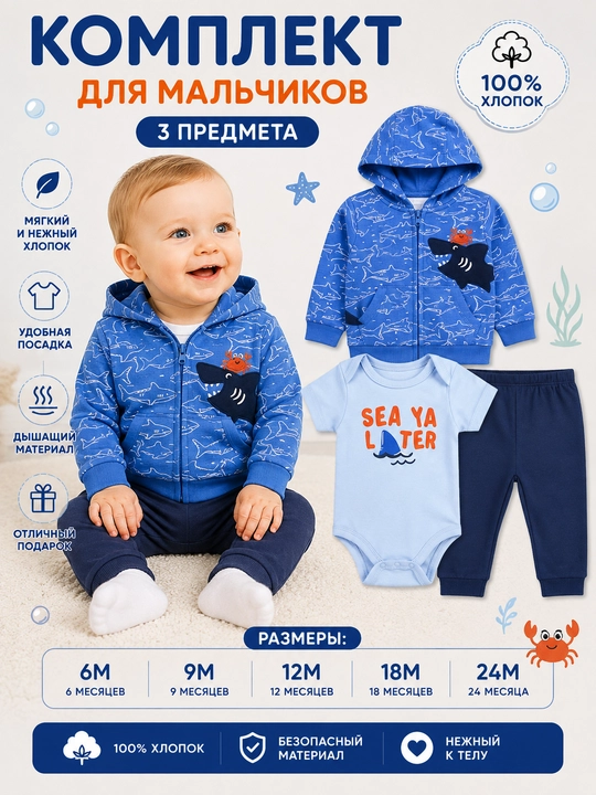 Bolalar uchun 3 ta 1 da to'plam (bodi, shim va xudi) 100% paxta - 