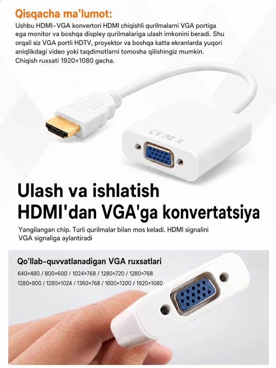 HDMI dan VGA ga adapter, 3.5 mm audio konvertor 1080P, monitor va proyektor uchun