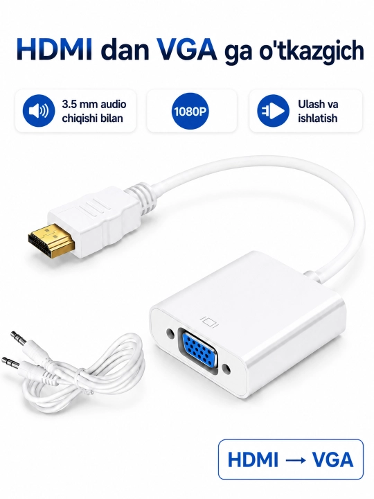 HDMI dan VGA ga adapter, 3.5 mm audio konvertor 1080P, monitor va proyektor uchun - 