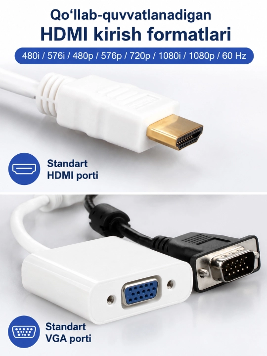 HDMI dan VGA ga adapter, 3.5 mm audio konvertor 1080P, monitor va proyektor uchun