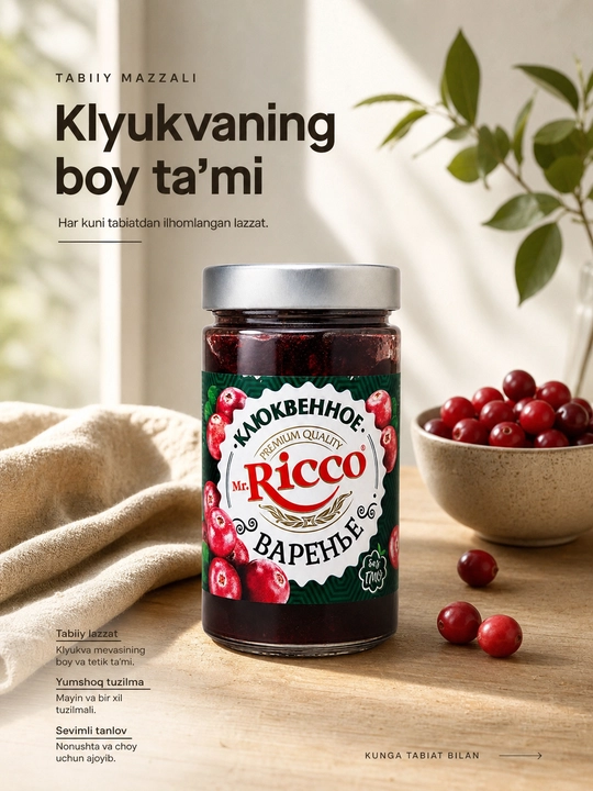 Murabbo Mr.Ricco, Chernika (Ko'k meva), Klyukva, Qora smorodina