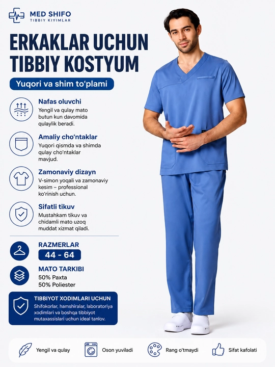 Erkaklar uchun moviy tibbiy kostyum