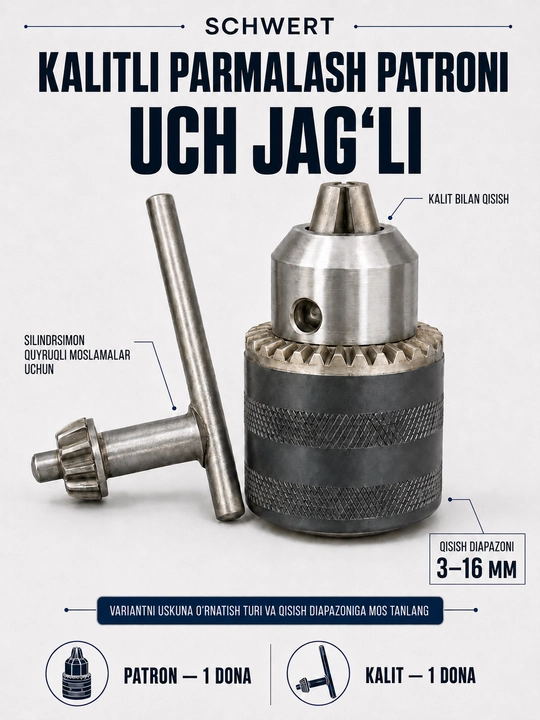 SCHWERT kalitli burg‘ulash patroni, B10–B18, siqish 0,3–16 mm, Rossiya