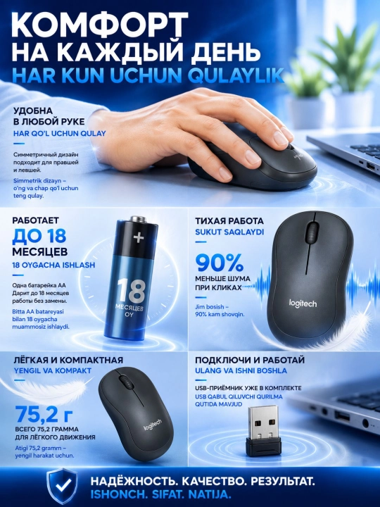 Мышка беспроводная Logitech M220 SilentTouch, 1000 DPI, 2.4 ГГц
