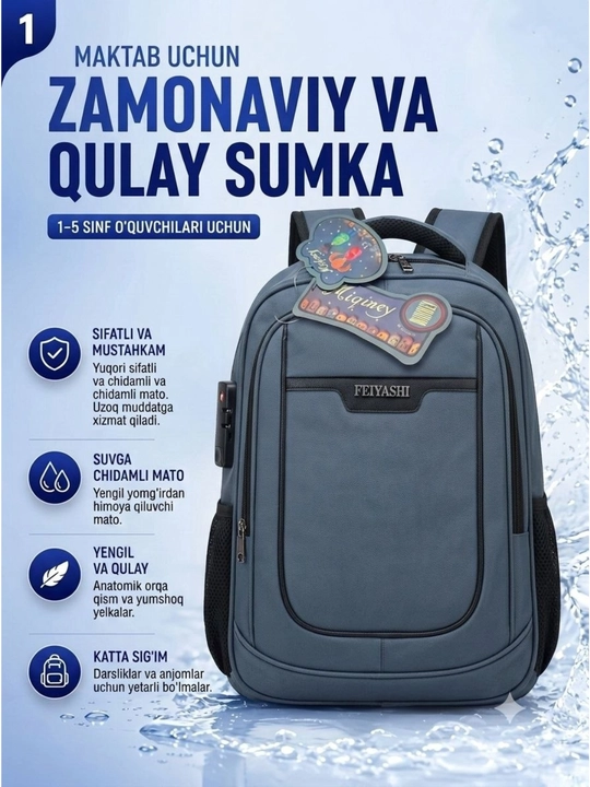 Ryukzak, maktab va kundalik foydalanish uchun, kodli qulfli va suvga chidamli - 