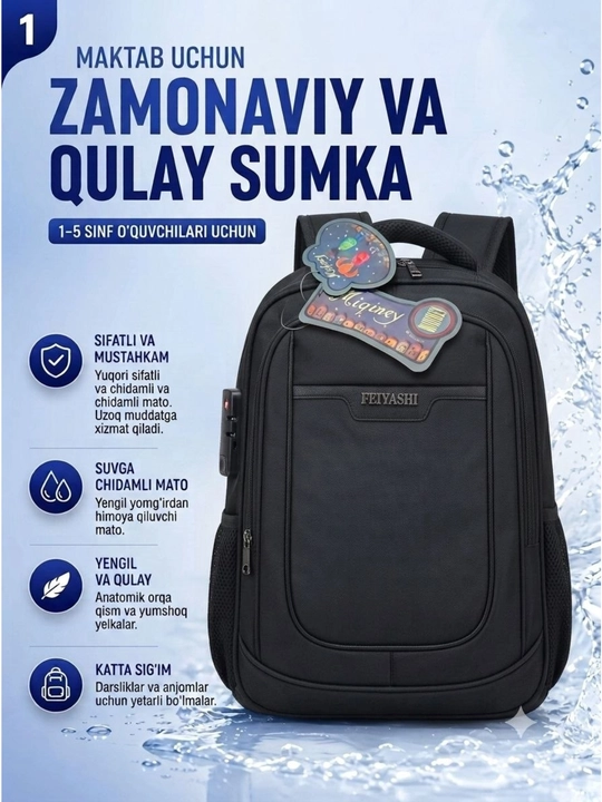 Ryukzak, maktab va kundalik foydalanish uchun, kodli qulfli va suvga chidamli - 
