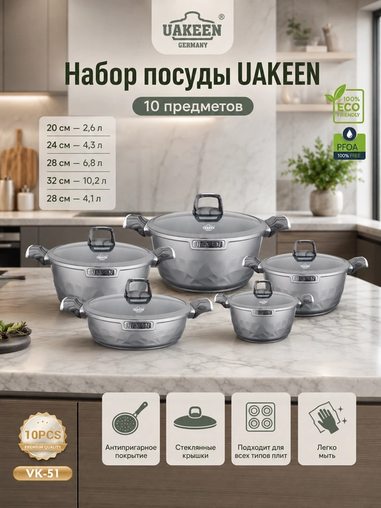 Набор посуды с крышками, антипригарное покрытие, для всех типов плит